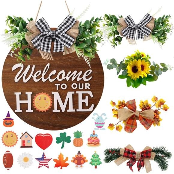 Interchangeable Welcome Sign for Front Door with 4 Seasonal Wreaths - Picture 1 of 7